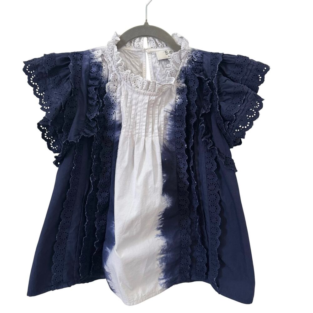 Sea New York Evelyn Eyelet Ruffle Tie Dye Blouse Blue White Size XS - Picture 3 of 8
